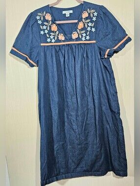 Go Softly Patio Denim Chambray Floral Embroidered House Dress M Cottagecore